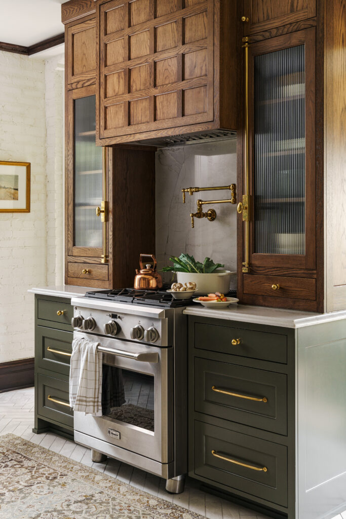 Custom range hood design by Collected Living Design - white oak hood and towers