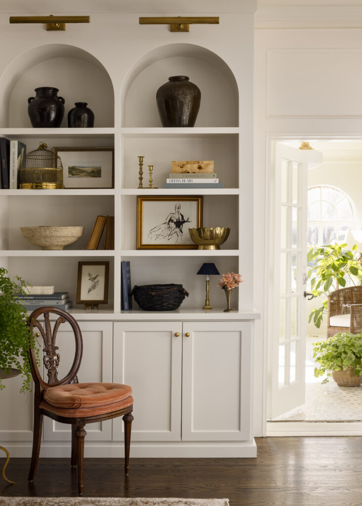 Home renovation in Kansas City with arched built ins in living room